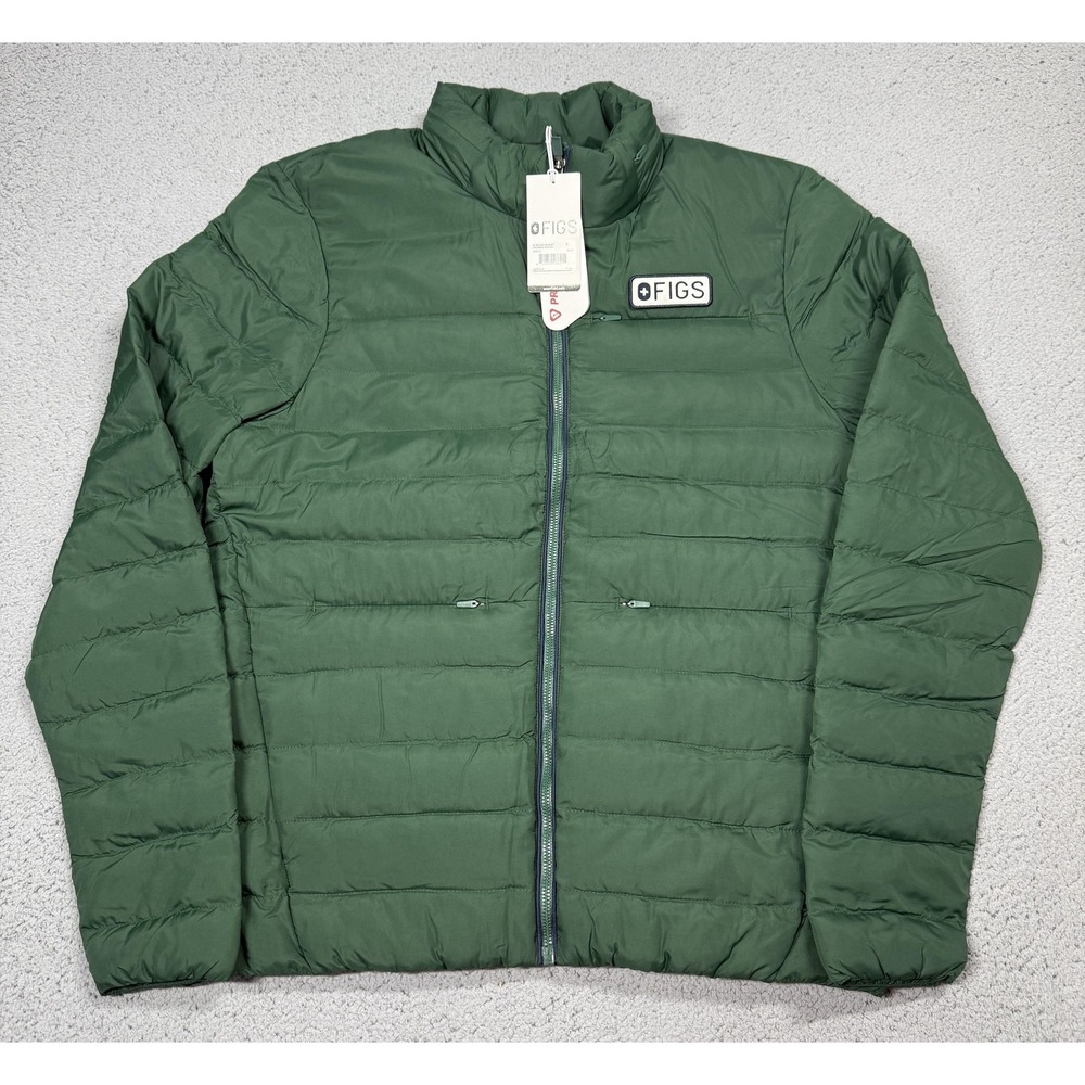 FIGS Racing On Shift Jacket Mens Small Green Packable Puffer Full Zip Insulated